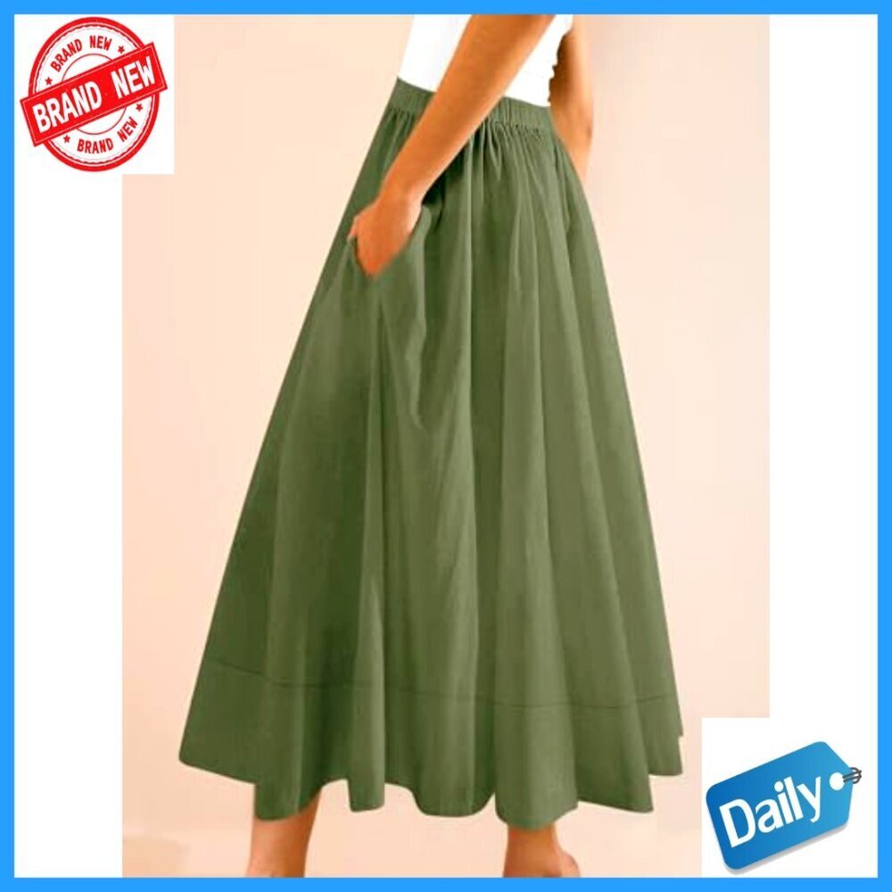 Women's A-Line Midi Skirt Elastic Waist Flowy Swing Pleated with Pocket - Picture 4 of 7